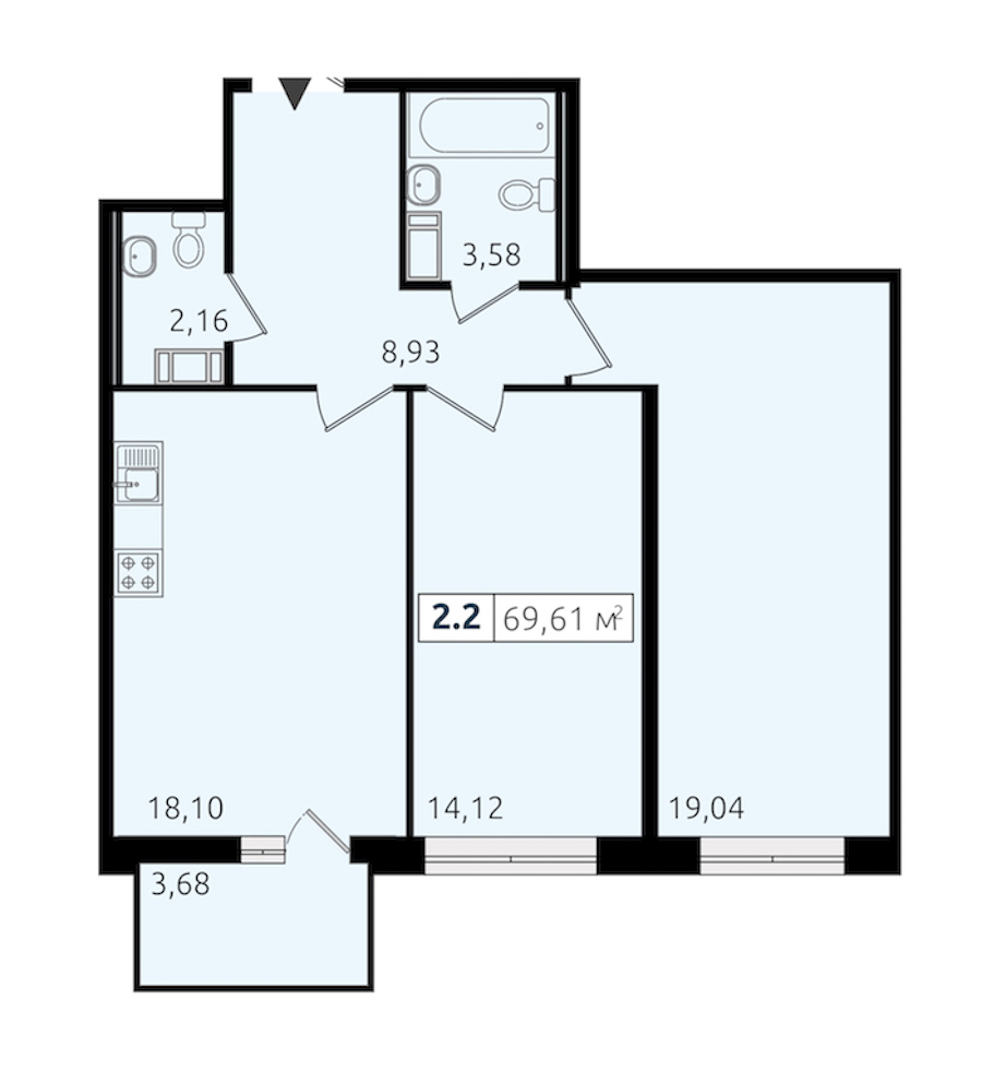2-комнатная квартира 66.08 м², 12/12 эт., ЖК «Чёрная речка»